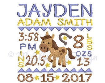 Boy Horse Birth Announcement Embroidery Design - Baby Subway Art Machine Embroidery File - EMAIL DELIVERY 0-48 hour - NOT instant downlaod