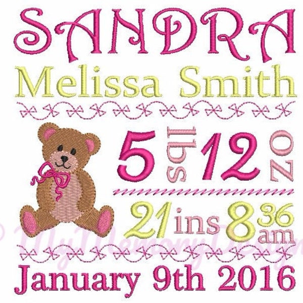 Bear Embroidery design - Custom Personalized Baby Birth Announcement Embroidery - Subway art- EMAIL DELIVERY 0-48 hour- NOT instant downlaod