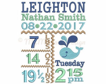 Whale birth announcement embroidery design - Baby birth stats machine embroidery baby design - INSTANT DOWNLOAD 4x4 5x7 6x10 sizes