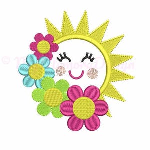 May include: A yellow sun with a smiling face and closed eyes surrounded by four colorful flowers. The flowers are pink, blue, green, and yellow.
