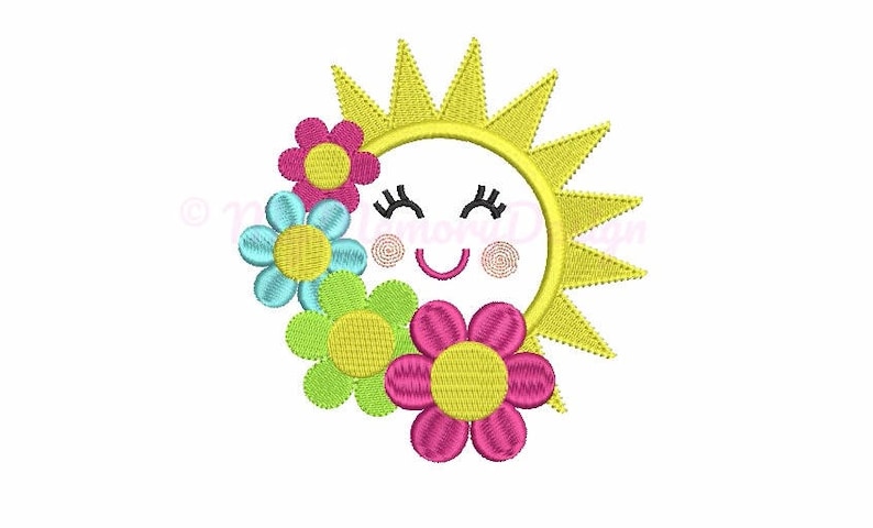 May include: A yellow sun with a smiling face and closed eyes surrounded by four colorful flowers. The flowers are pink, blue, green, and yellow.