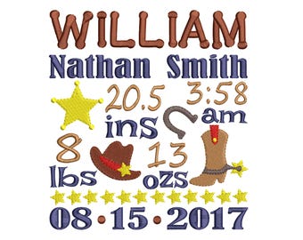 Cowboy Birth Announcement Embroidery Design - Baby Boy Subway Art Machine Embroidery File - EMAIL DELIVERY 0-48 hour - NOT instant downlaod