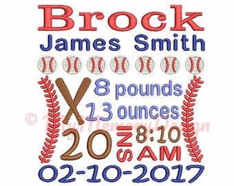 Newborn baby birth announcement embroidery - Subway art embroidery - Baseball embroidery - Machine embroidery INSTANT DOWNLOAD 4x4 5x7 6x10