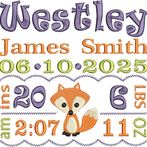 Birth Announcement Embroidery - Subway Art - Fox Birth Template - Machine embroidery - INSTANT DOWNLOAD - Digital file - 4x4 5x7 6x10 size