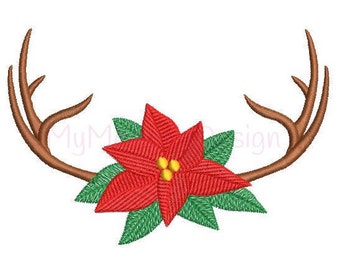 Christmas Design - Christmas poinsettia with antler embroidery design - Machine embroidery pattern - INSTANT DOWNLOAD 3 sizes 4x4 5x7 6x10