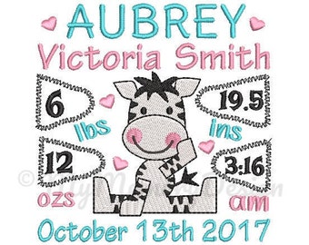 Zebra Personalized Birth Announcement Machine Embroidery Digital File Design - EMAIL DELIVERY 0-48 hour - NOT instant download