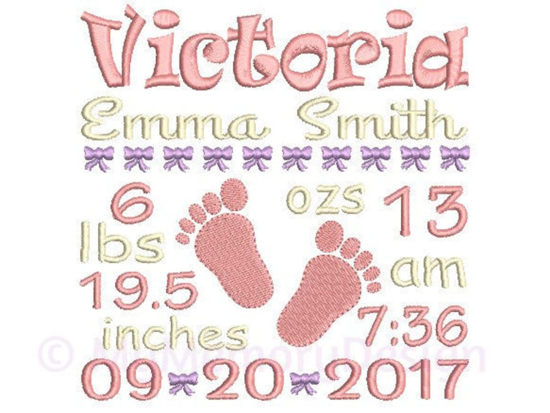 Baby Announcement Embroidery Design Custom Birth Stats Machine