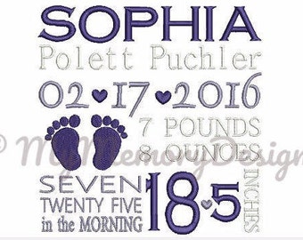 Personalized birth announcement embroidery design, Subway art embroidery - EMAIL DELIVERY 0-48 hour - NOT instant downlaod