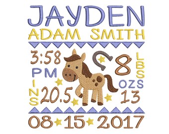 Birth announcement embroidery design - Birth template - Horse design - Birthday embroidery - Baby embroidery - INSTANT DOWNLOAD 4x4 5x7 6x10