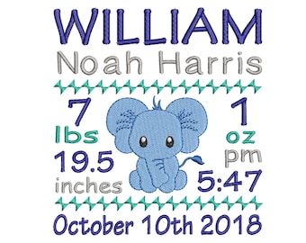 Elephant Birth Announcement Embroidery Design - Baby Subway Art Machine Embroidery Design- EMAIL DELIVERY 0-48 hour - NOT instant download