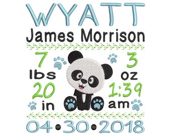 Personalized Machine Embroidery Design, Baby Panda Birth Announcement Embroidery Design - Customized Baby Shower Gift - EMAIL DELIVERY