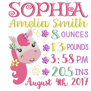 Pony birth announcement embroidery design - Birth template machine embroidery pattern Birth stats - INSTANT DOWNLOAD 4x4 5x7 6x10 sizes