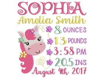 Pony birth announcement embroidery design - Birth template machine embroidery pattern Birth stats - INSTANT DOWNLOAD 4x4 5x7 6x10 sizes