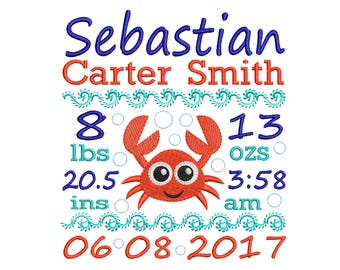 Personalized Baby Birth Gift , Machine Embroidery Design Birth Announcement ,Customized Newborn Baby Stats , Crab nautical embroidery
