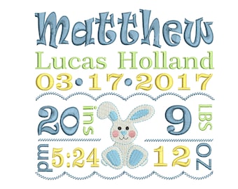 Bunny  Personalized Baby Birth Announcement Embroidery Design - Boy Subway Art - EMAIL DELIVERY 0-48 hour - NOT instant download