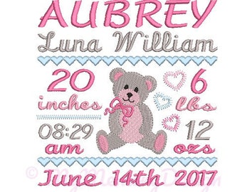 Birth announcement embroidery design, Baby girl embroidery, Bear embroidery design, Birth template embroidery- INSTANT DOWNLOAD, 3 sizes