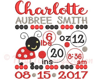 Ladybug Birth announcement embroidery design - Birth template machine embroidery baby design - INSTANT DOWNLOAD 4x4 5x7 6x10 sizes