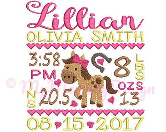 Horse birth announcement embroidery design - Birth template machine embroidery pattern Birth stats - INSTANT DOWNLOAD 4x4 5x7 6x10 sizes