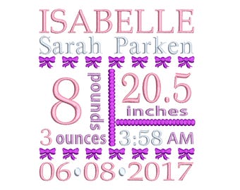 Bow Birth Announcement Embroidery Design - Baby Girl Subway Art Machine Embroidery File - EMAIL DELIVERY 0-48 hour - NOT instant downlaod