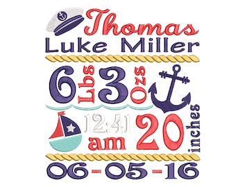 Birth announcement embroidery - Baby boy embroidery, Nautical design, Baby announcement- Machine embroidery design, INSTANT DOWNLOAD 3 SIZE