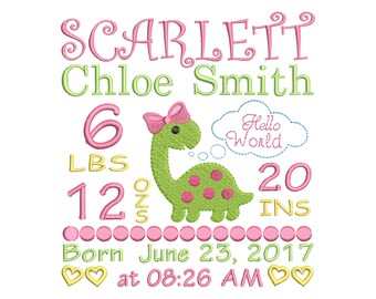 Dinosaur Girl Birth Announcement Embroidery Design - Birth template machine embroidery - Baby shower gift - INSTANT DOWNLOAD 4x4 5x7 6x10