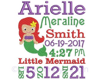 Mermaid embroidery design, Birth announcement embroidery design, Baby embroidery, Newborn embroidery,  INSTANT DOWNLOAD, 4x4 5x7 6x10 sizes