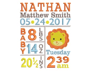 Lion Birth Announcement Embroidery Design - Custom embroidery - Lion Embroidery - EMAIL DELIVERY 0-48 hour - NOT instant download