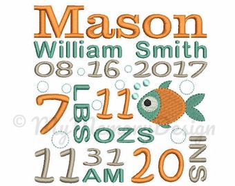 Custom Embroidery Birth Announcement Fish Machine Embroidery Digital File Design - EMAIL DELIVERY 0-48 hour - NOT instant downlaod