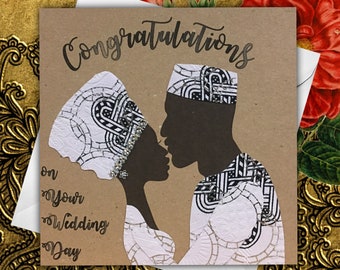 Traditional African attire wedding card, 9 skin shade options, African fabric card, black bride and groom, ankara wedding