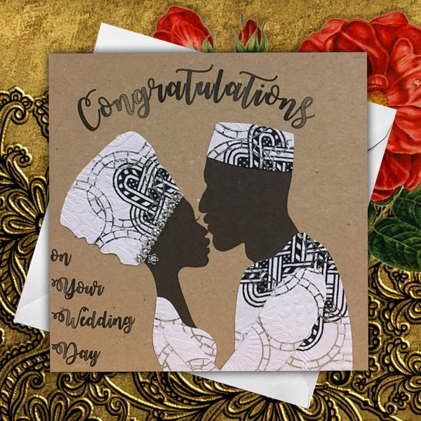 Traditional African attire wedding card, 9 skin shade options, African fabric card, black bride and groom, ankara wedding