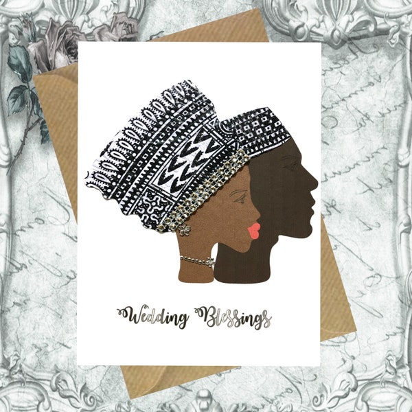 Black couple wedding card, African fabric wedding card, African couple card, wedding blessings card, choice of 9 skin shades combo