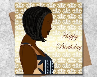 Braided bob hairstyle black woman card, choice of 2 skin shades, 4 African fabric dresses, birthday, any occasion card, can be personalised