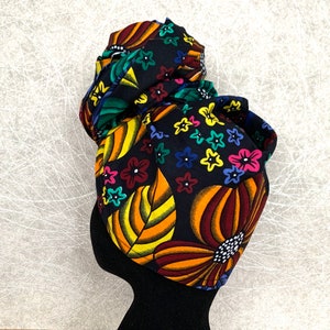 Assorted floral fabric headwraps, colourful flowers on black backgrounds, four designs, satin lined option, African fabric head wraps