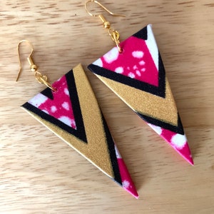 Triangle earrings made with assorted African fabric, wooden drop earrings, dangle earrings, choice of gold or silver ear wires