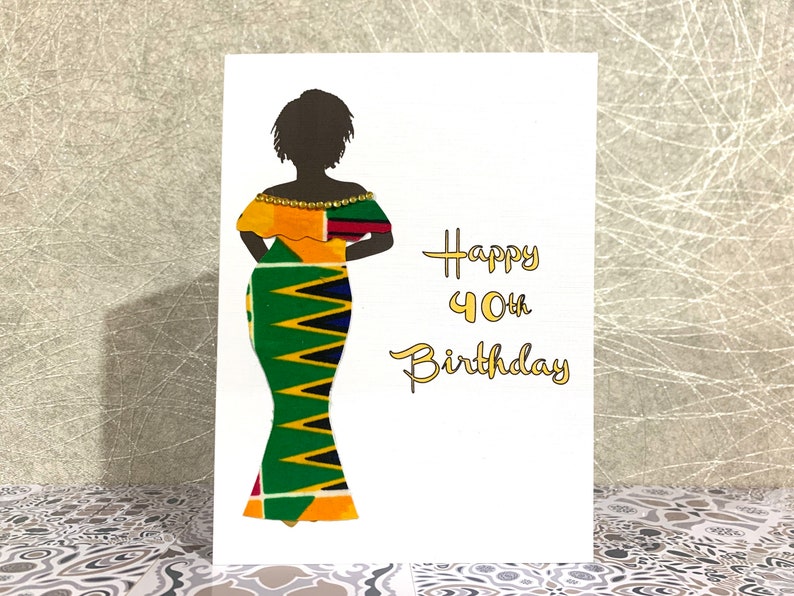 Black woman personalised birthday card, milestone ages, full or slim figure, choice of 25 orange multi kente dress and 7 hairstyles, image 5