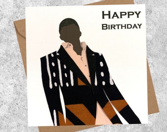 Black man personalised card, choose jacket, shirt, waistcoat in bogolan african fabric, great for husband, partner, boyfriend, brother, son