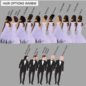 Cartes de mariage interracial, homme blanc et femme noire, couple mixte, choix de robe trapèze ou sablier en tissu, 15 couleurs de peau/cheveux au choix image 9
