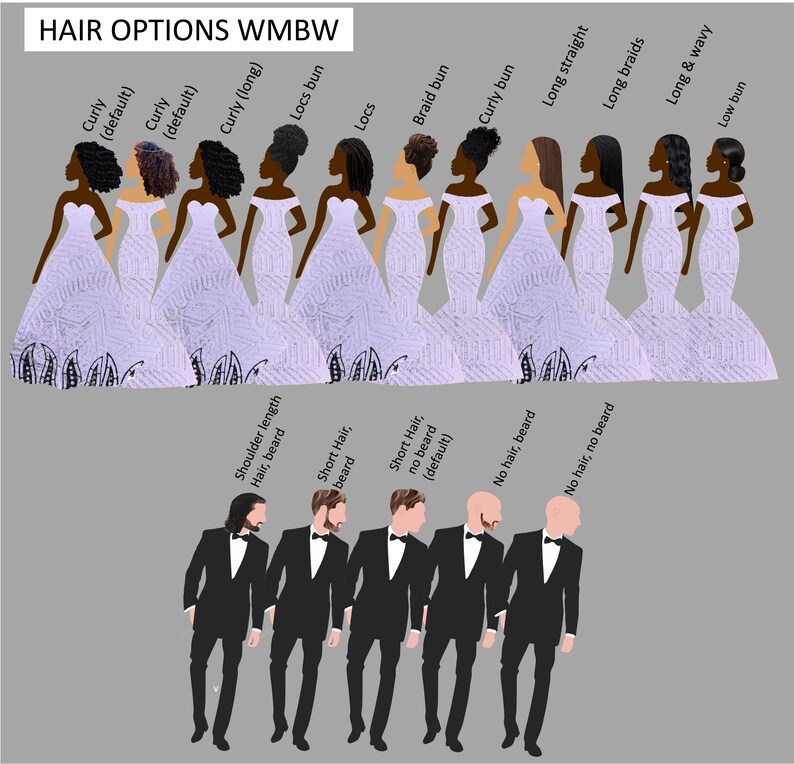 Cartes de mariage interracial, homme blanc et femme noire, couple mixte, choix de robe trapèze ou sablier en tissu, 15 couleurs de peau/cheveux au choix image 9