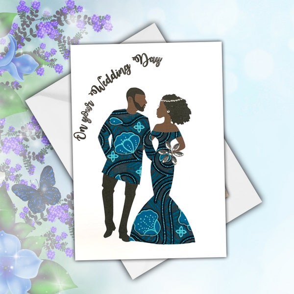 Customisable African wedding cards for black couples, NOT WHITE bridal colours, 2 dress styles, headwrap or hair option, 9 skin shades