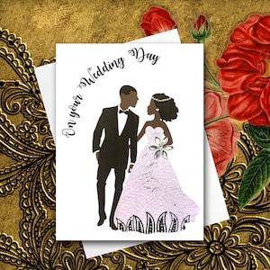 Black couple wedding cards, 9 skin shade combinations, choice of hourglass or a-line shape dress in  sparkly white fabric.
