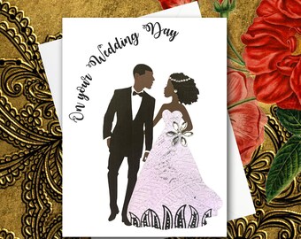 Cartes de mariage pour couple noir, 9 combinaisons de nuances de peau, choix d'une robe en sablier ou trapèze en tissu blanc scintillant.
