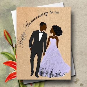 Anniversary card with wedding attire, black couples and mixed couples, 39 skin shade and hair colour combos,  African fabric cards