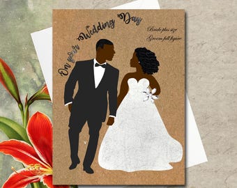 May include: A wedding card with a brown background features a black silhouette of a bride and groom. The groom wears a tuxedo and the bride a white gown. Text reads "On your Wedding Day" and "Bride plus size Groom full figure".
