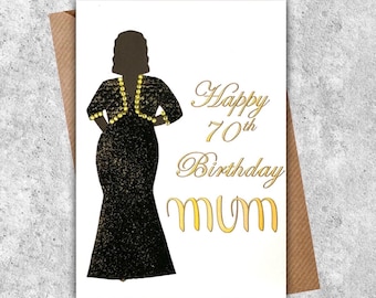 Carte d'anniversaire personnalisée pour un âge important, carte de voeux pour femme noire pleine ou mince, robe en or noir, robe et coiffure au choix