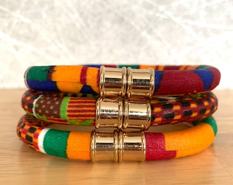 African kente bracelets, bracelet stack made with 3 different kente fabrics, choose from  gold or silver magnetic clasps, set of bangles