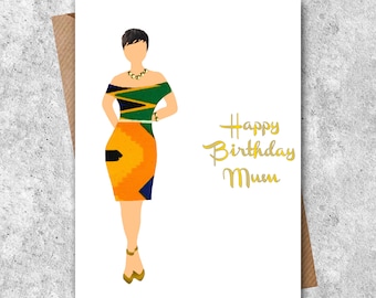 Mixed race woman in an orange kente dress, personalised birthday card, full or slim figure, choice of dress and hairstyles
