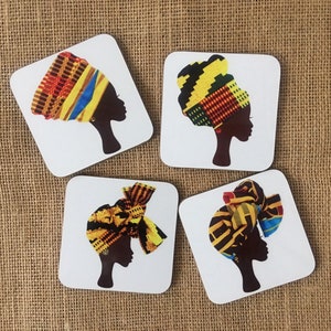 Pack of 4 yellow headwrap coasters, assorted fabrics, 4 African coasters, set of coasters, matching coasters, gift for her, ankara headwraps White