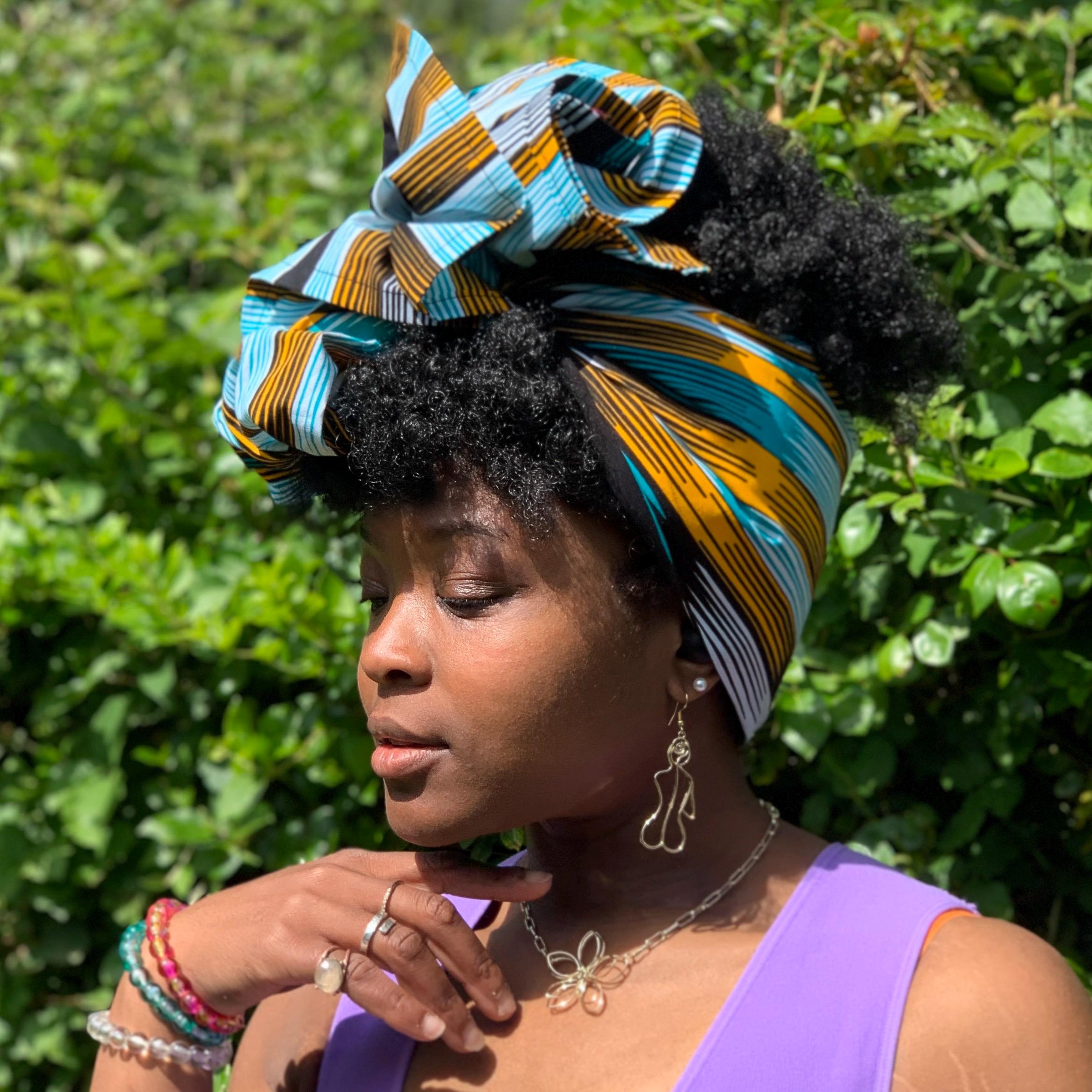 Turquoise and golden yellow headwrap, satin lined option, two sizes, head scarf, African fabric head wrap