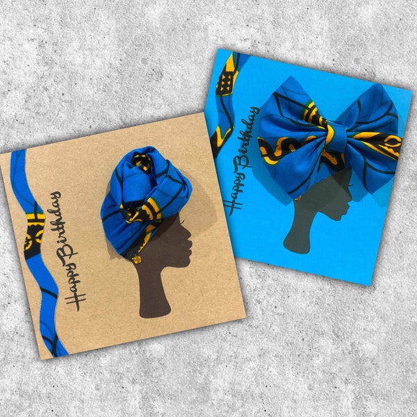 Royal blue headwrap woman card, bow or front knot style, African fabric birthday card for a black woman, can be personalised
