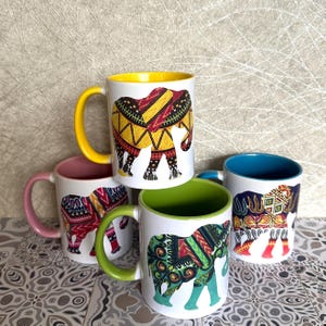 Set of four elephant mugs in colourful African kente and dashiki prints, optional matching coasters, housewarming, birthday, christmas gift